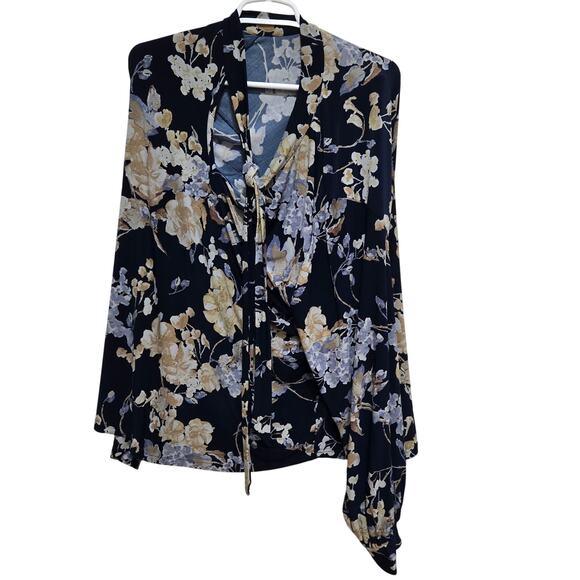 Lauren Ralph Lauren 2X Navy Floral Tie Neck Long Sleeve Blouse - Picture 1 of 7